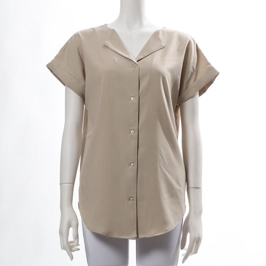 リネンライクオープンフロントネックブラウス