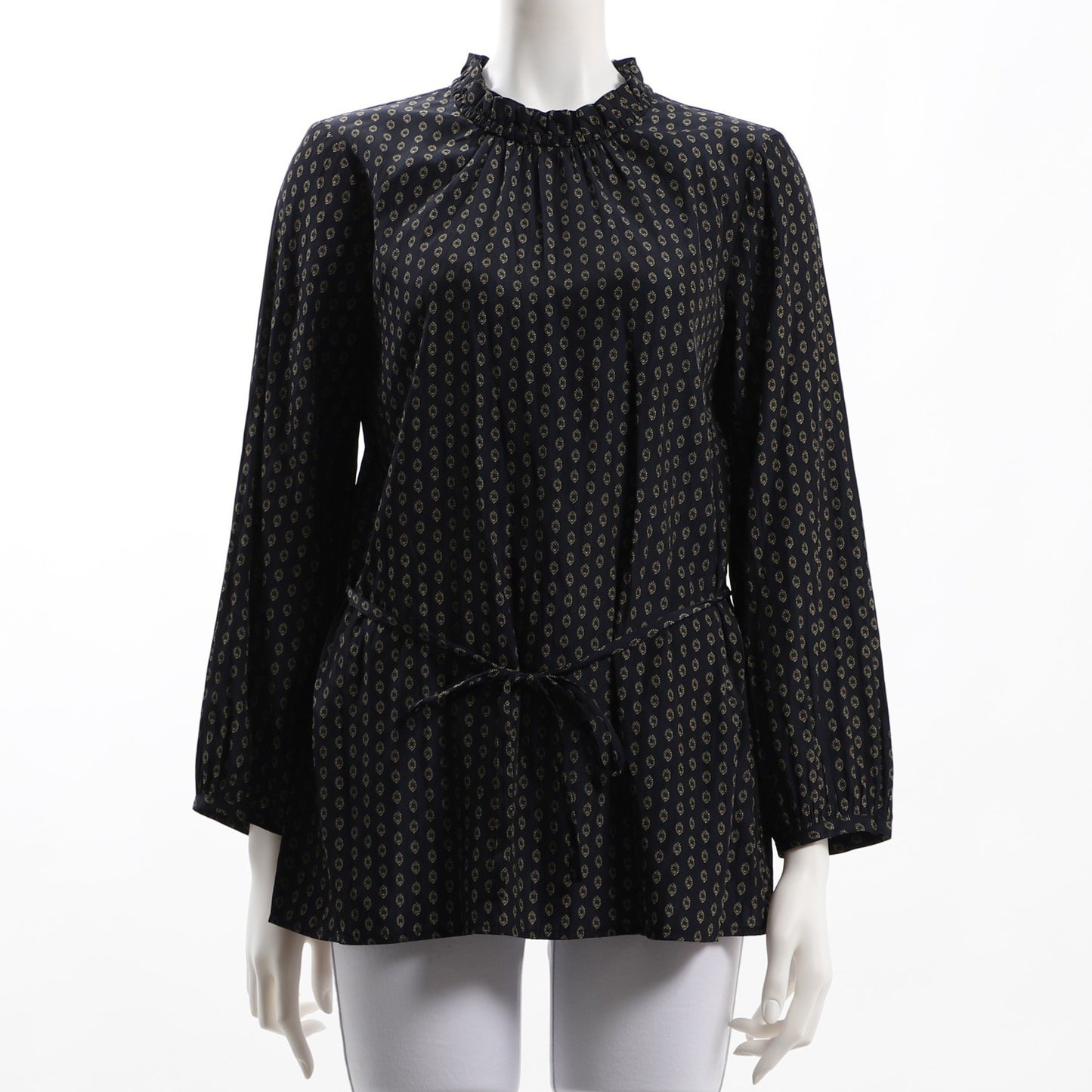 ウエストリボンフリルネック総柄ブラウス