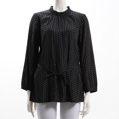 ウエストリボンフリルネック総柄ブラウス