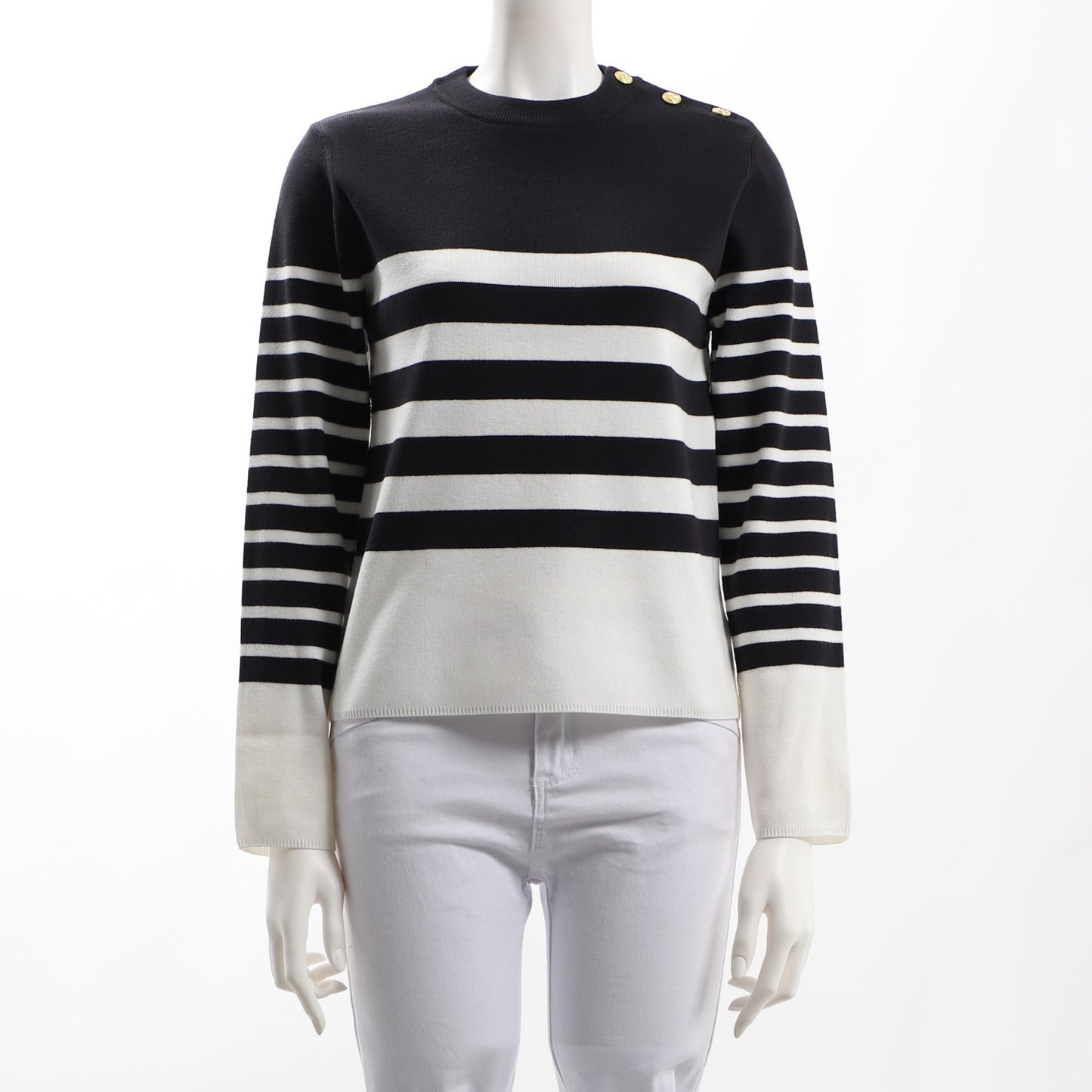 肩ボタンデザインボーダー柄ニット