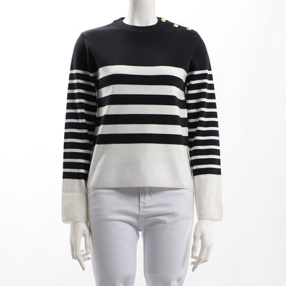 肩ボタンデザインボーダー柄ニット