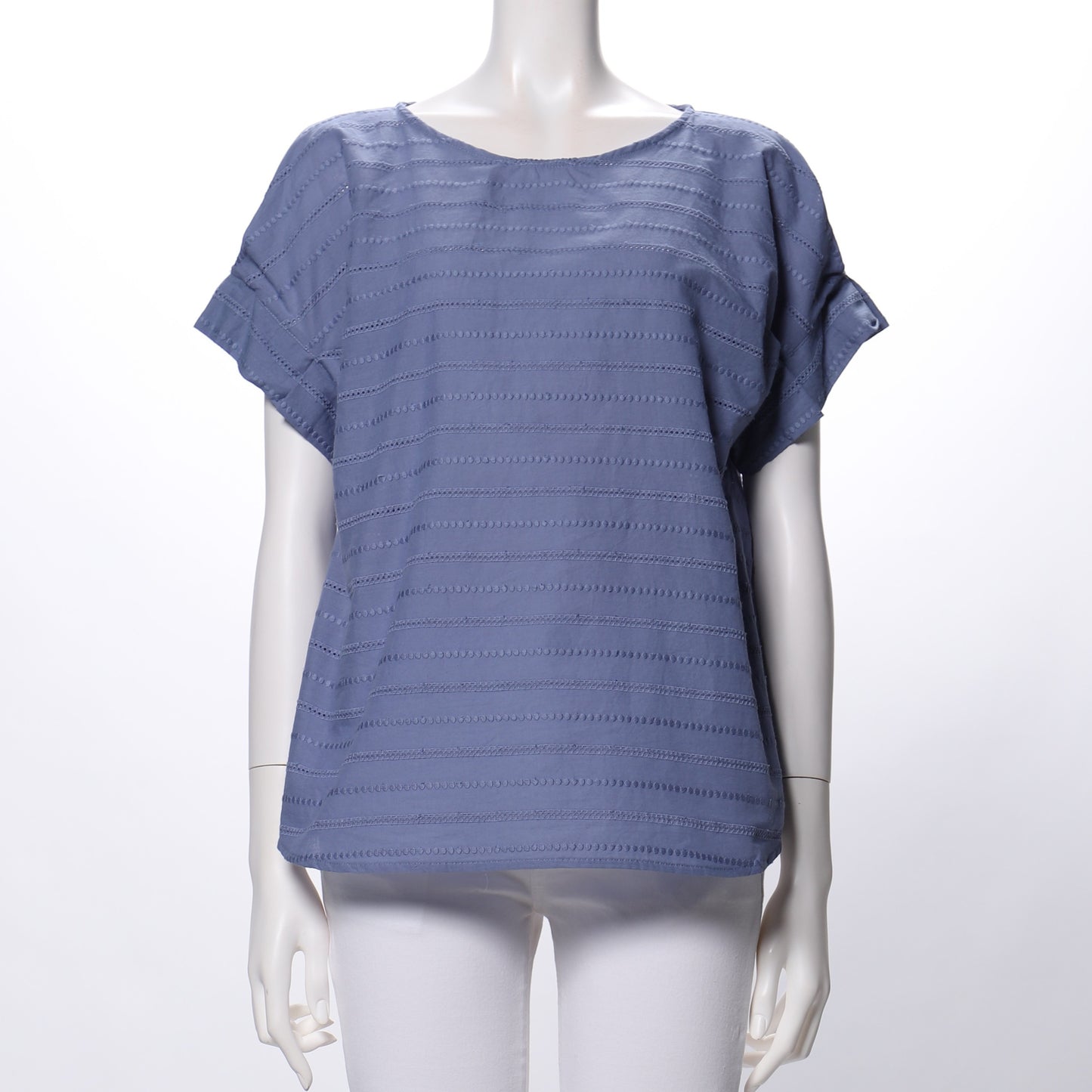 綿ストライプ透かし刺繍ブラウス