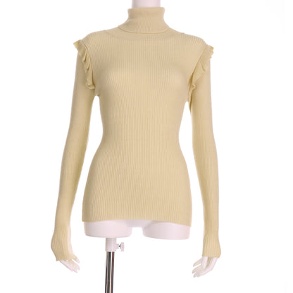 肩フリルデザインタートルネックニット