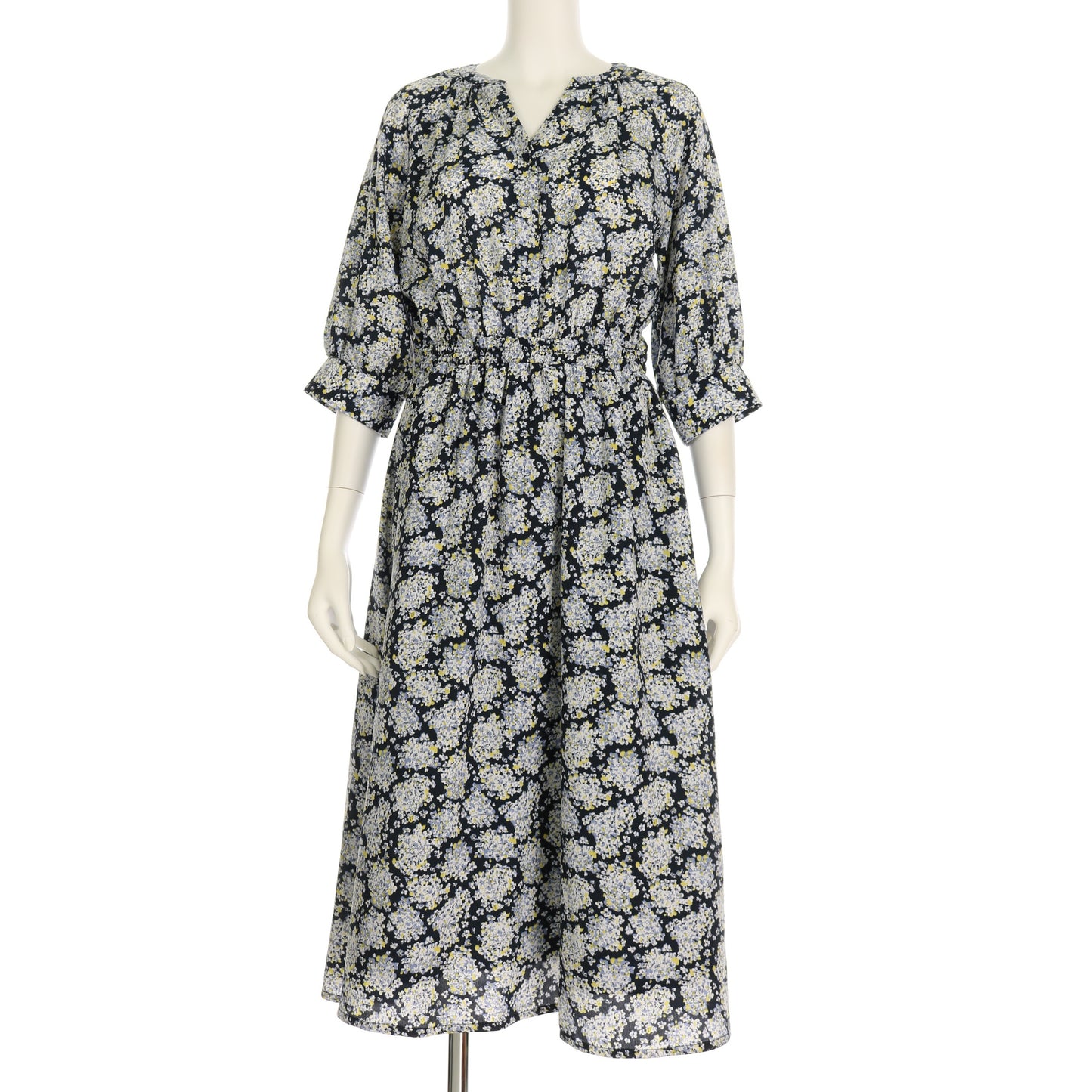 ソフトフラワープリントウエストゴム総柄ワンピース