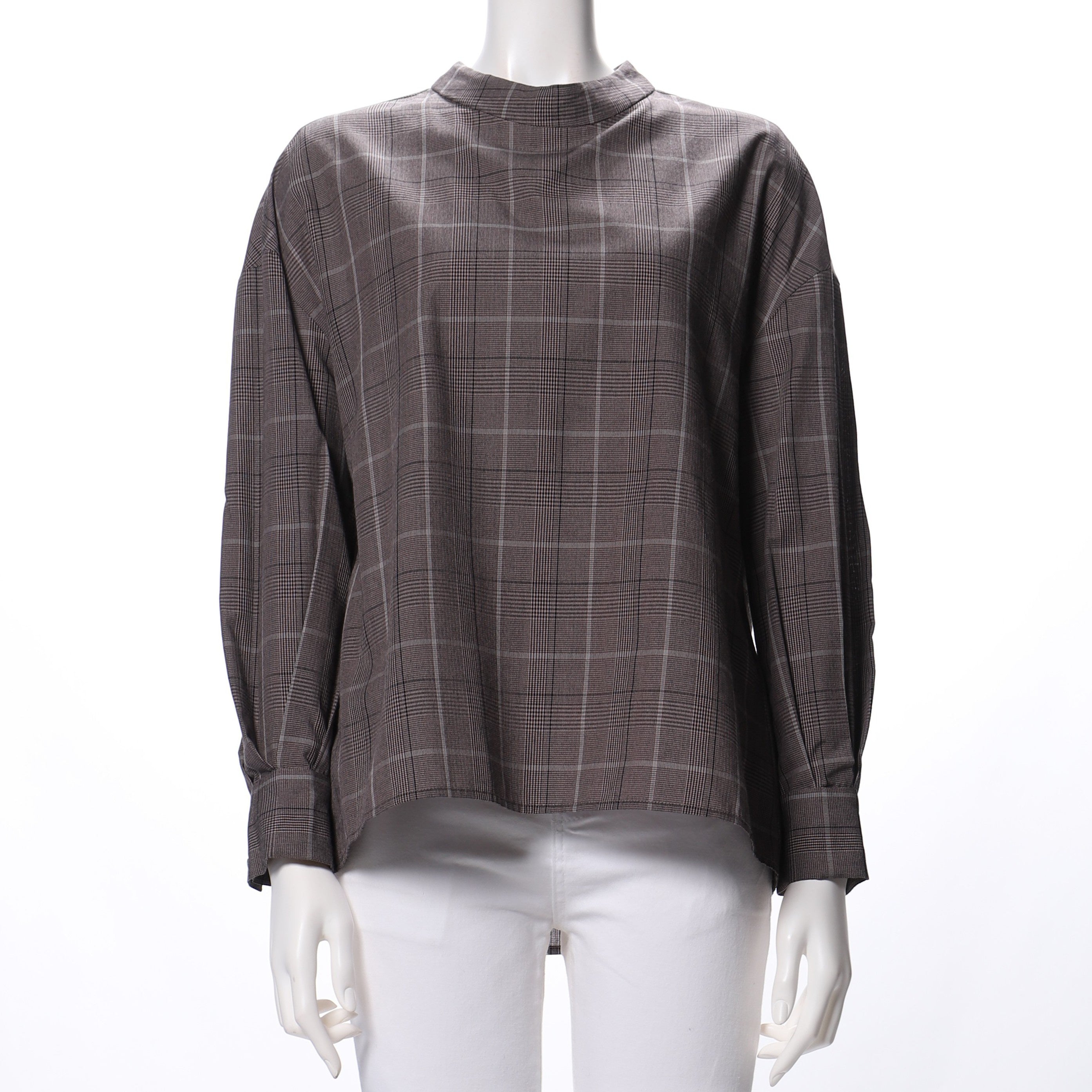 グレンチェック柄スタンドカラーブラウス