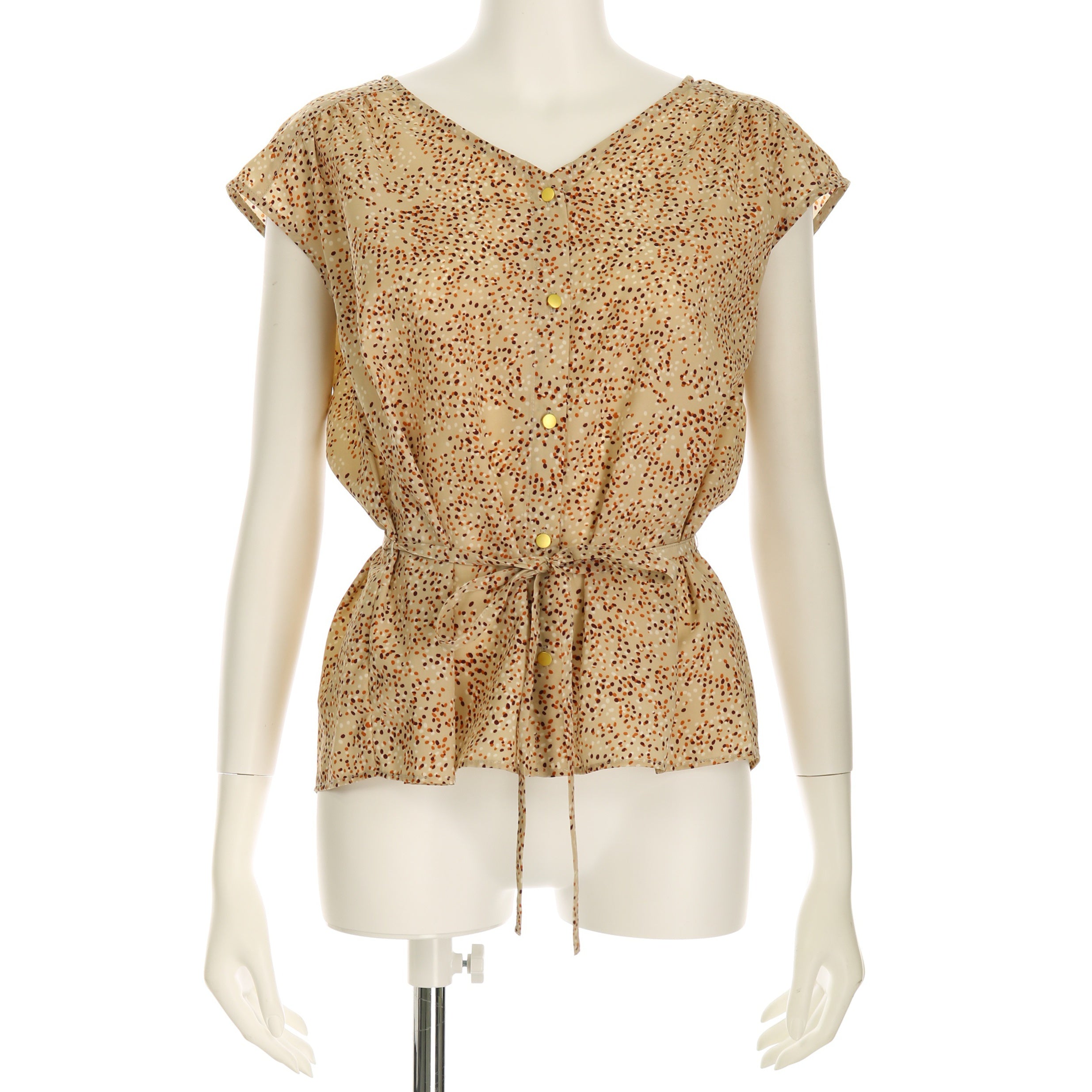 デシンドットプリントウエストリボン付き総柄ブラウス