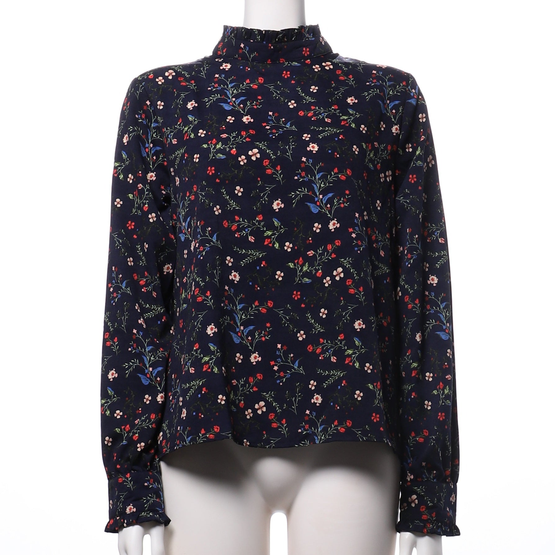 フリルスタンドカラーフラワーブラウス