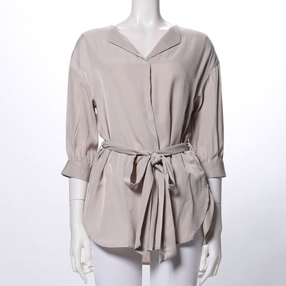 ウエストリボン付きオープンフロントネックブラウス