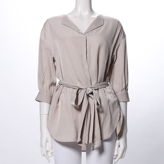 ウエストリボン付きオープンフロントネックブラウス