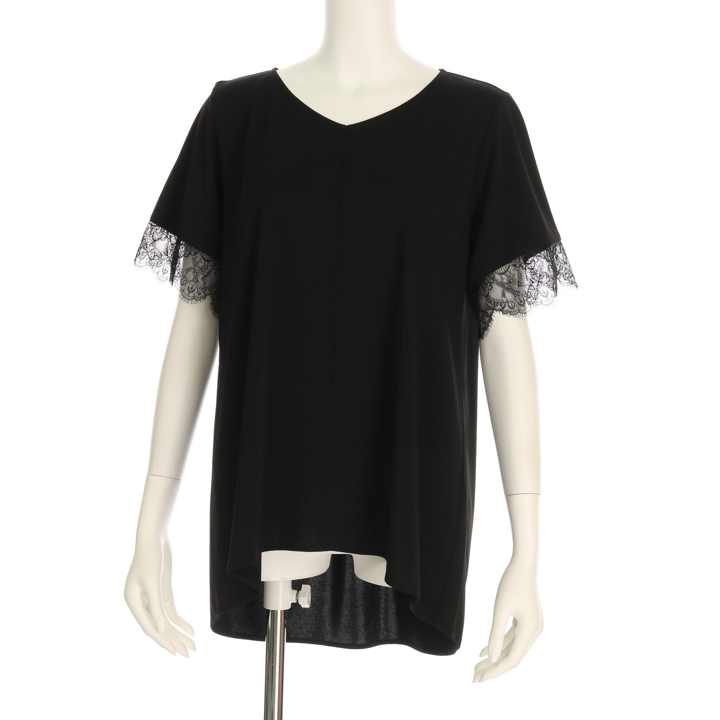 袖口レース切り替えVネックカットソー