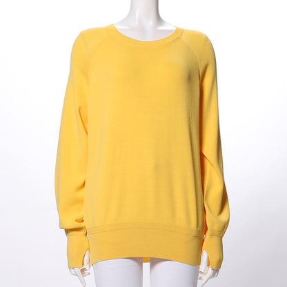 柄リブラウンドネックニット