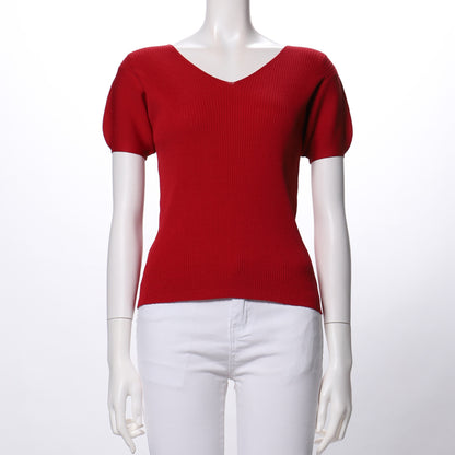 Vネックパフスリーブニット