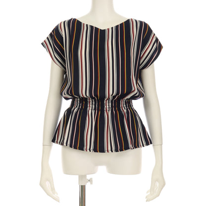 切り替えウエストシャーリングストライプ柄ペプラムブラウス