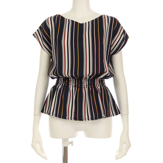 切り替えウエストシャーリングストライプ柄ペプラムブラウス