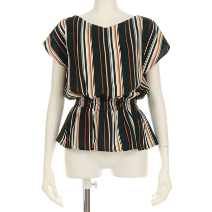 切り替えウエストシャーリングストライプ柄ペプラムブラウス