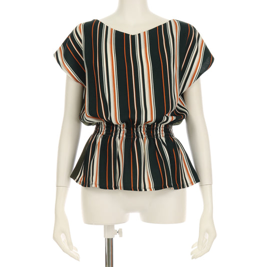 切り替えウエストシャーリングストライプ柄ペプラムブラウス