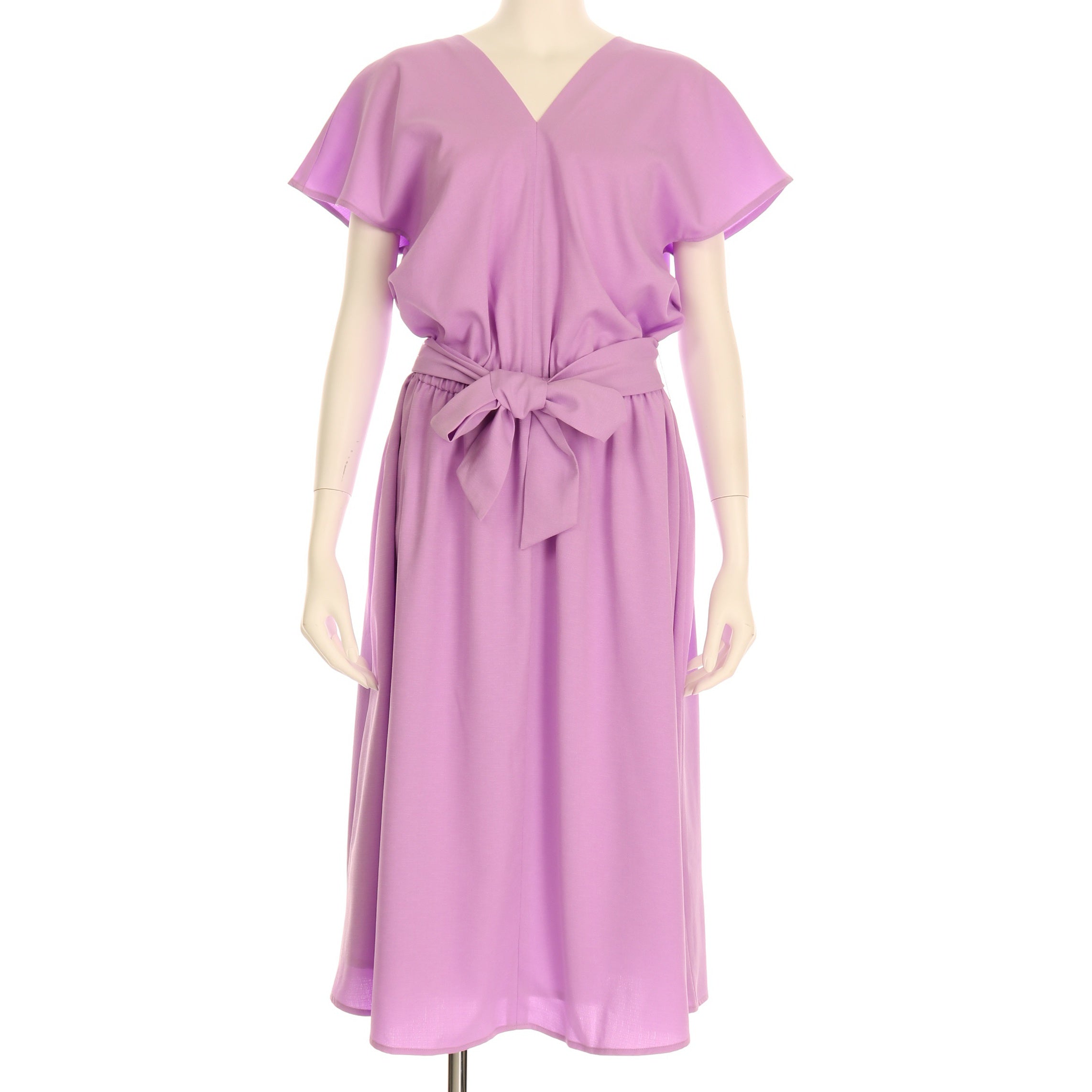 麻調ウエストリボン付きリボンベルトワンピース