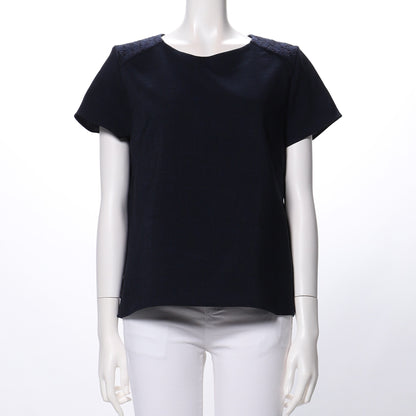 肩レースデザインラウンドネックブラウス