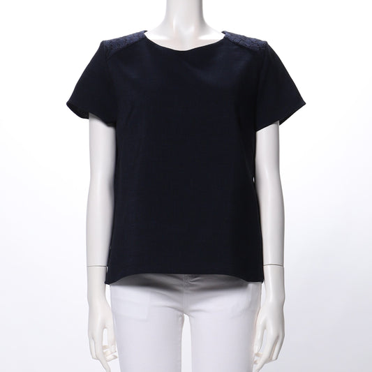 肩レースデザインラウンドネックブラウス