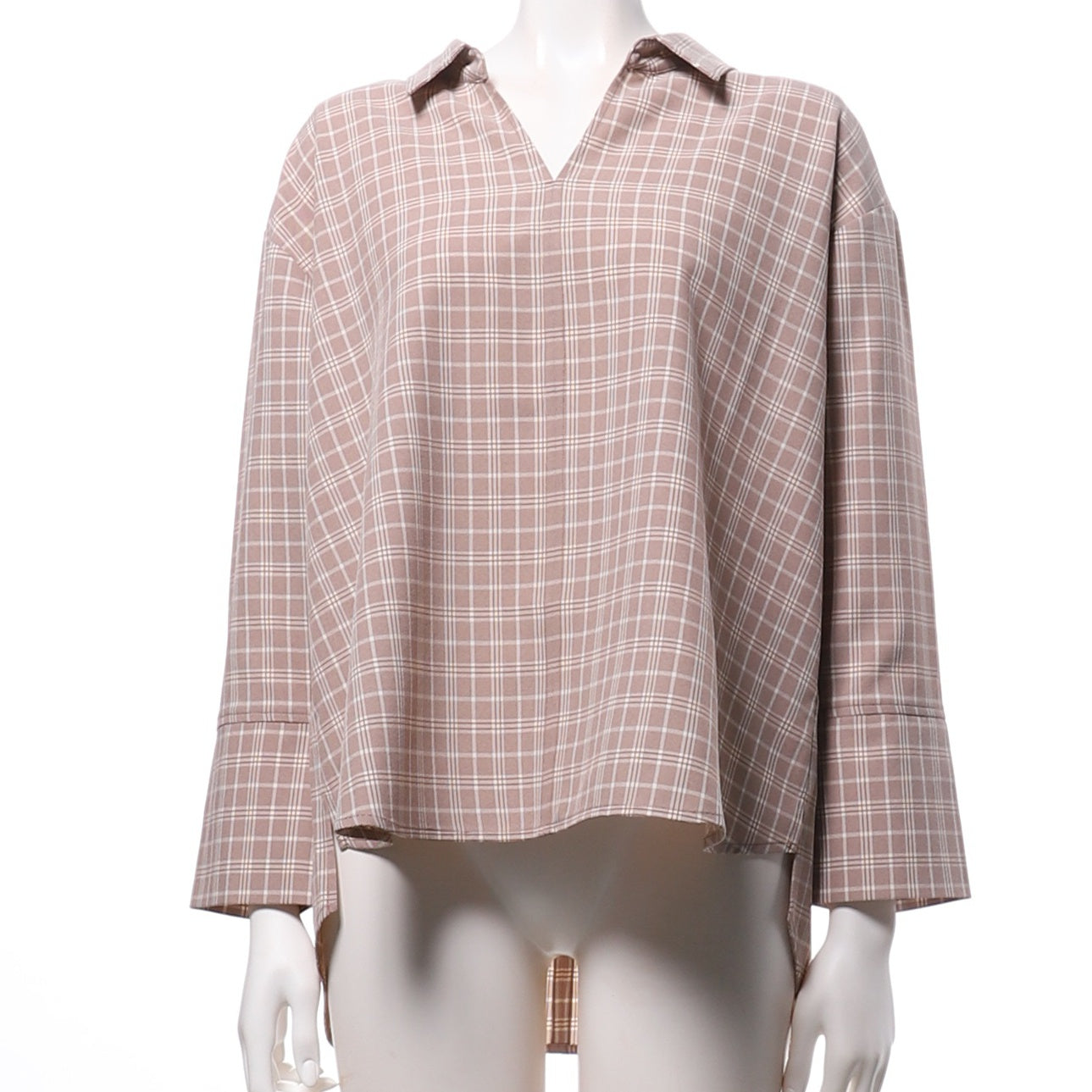 チェック柄スキッパーネックブラウス