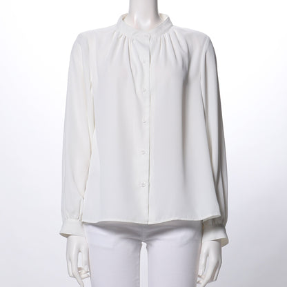 クルーネックギャザーフロントボタンブラウス