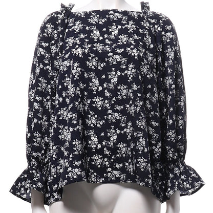 肩フリルバックボタン花柄ブラウス