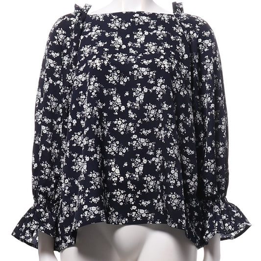 肩フリルバックボタン花柄ブラウス