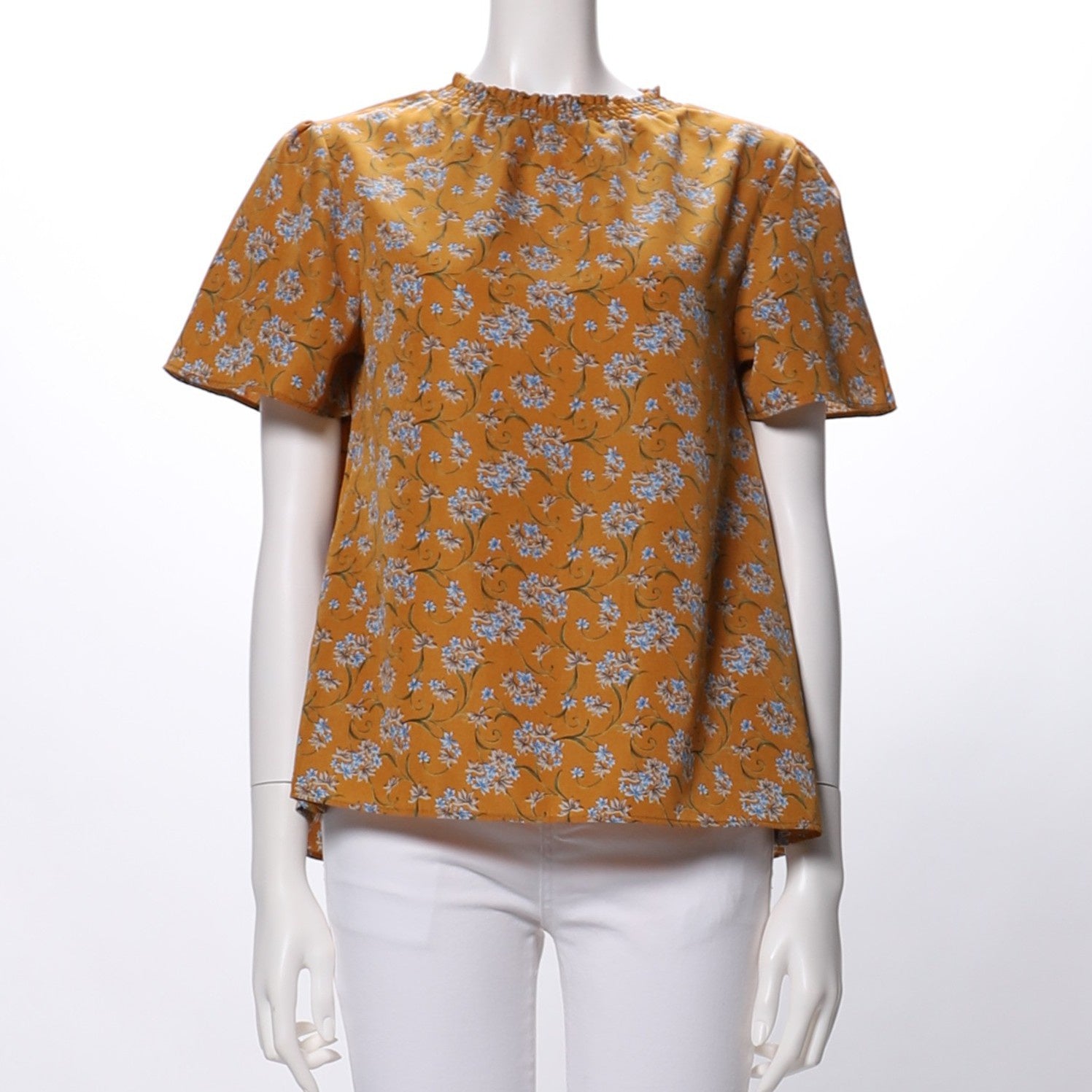 衿シャーリング花柄ブラウス