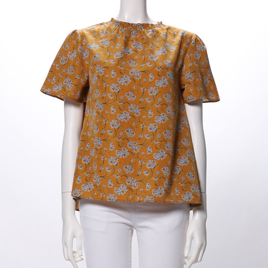 衿シャーリング花柄ブラウス