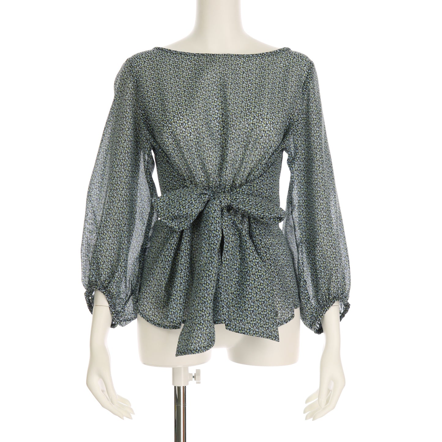 透け感ウエストリボン総柄ブラウス