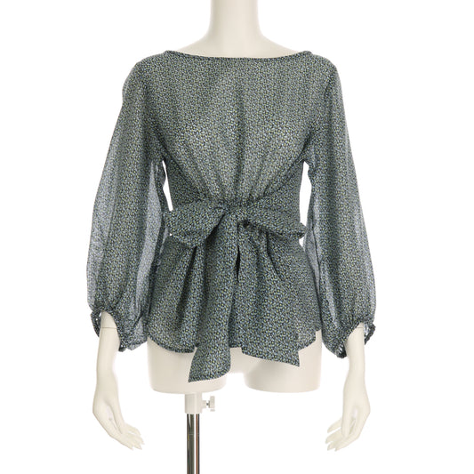 透け感ウエストリボン総柄ブラウス