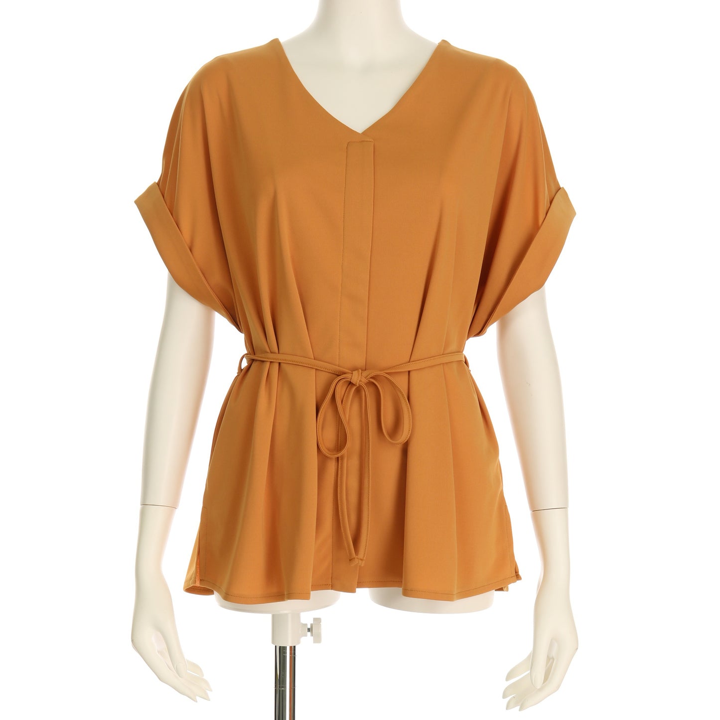 リボンベルト付きVネックブラウス