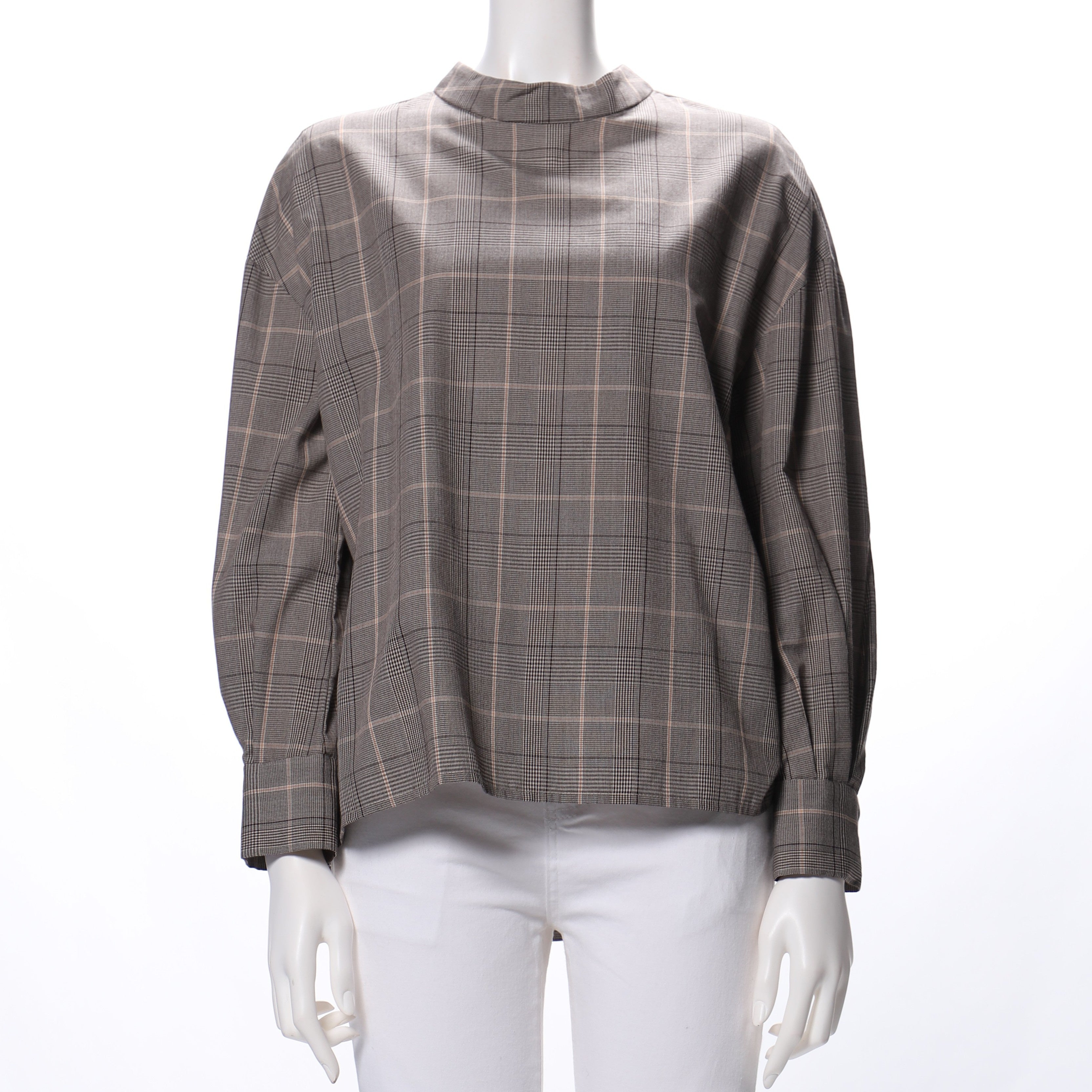 グレンチェック柄スタンドカラーブラウス