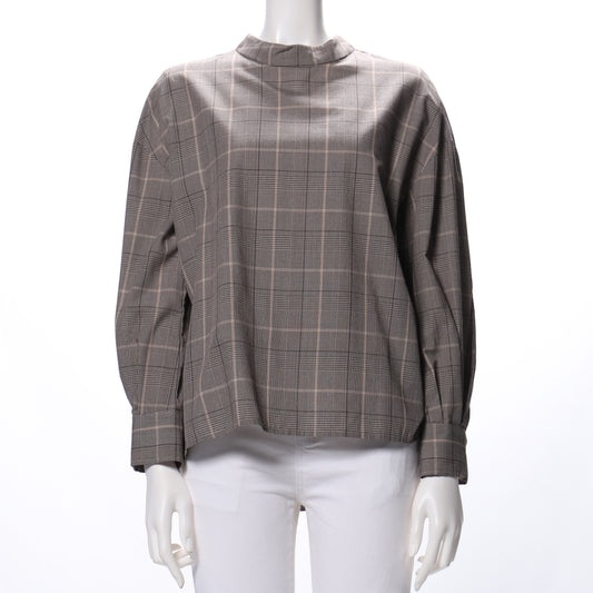 グレンチェック柄スタンドカラーブラウス