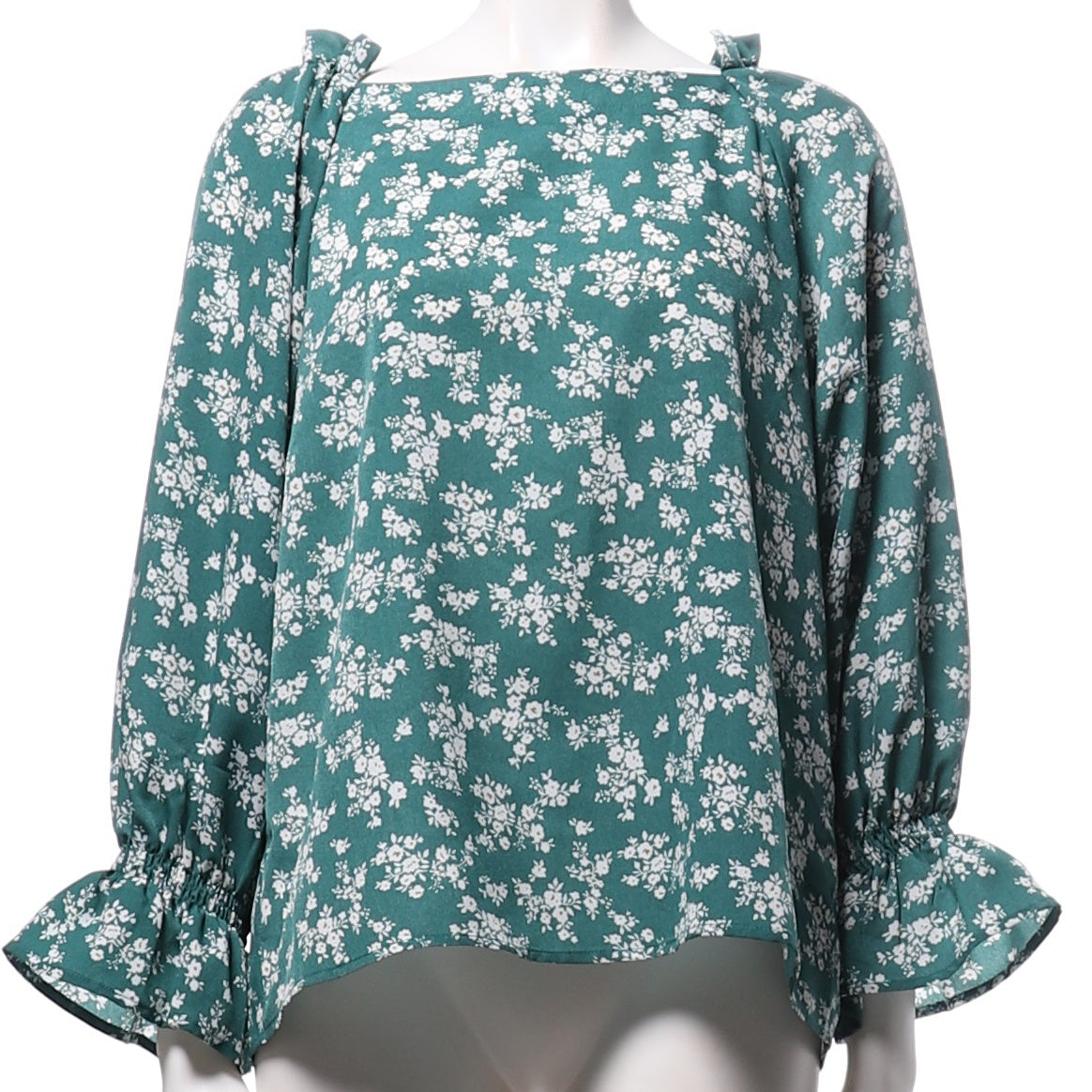 肩フリルバックボタン花柄ブラウス