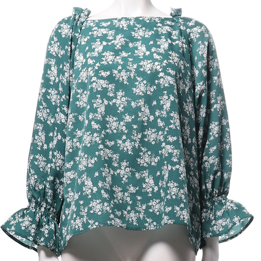 肩フリルバックボタン花柄ブラウス