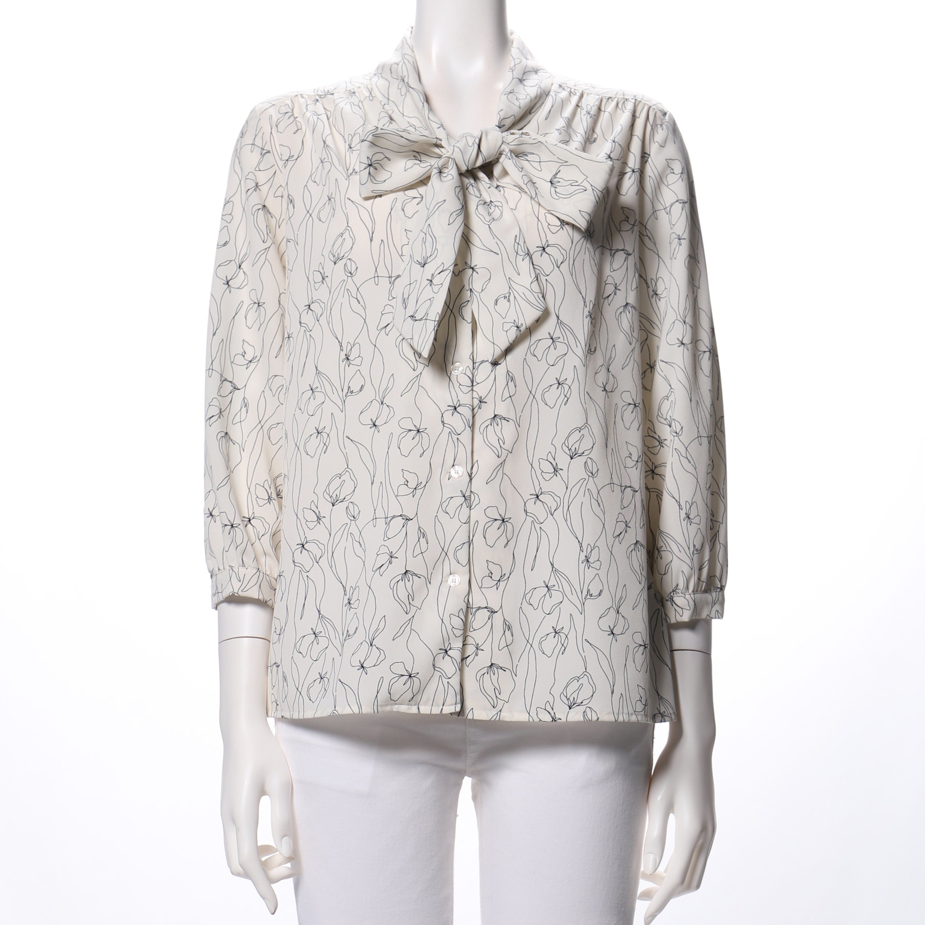 手描きアートフラワープリントボウタイブラウス