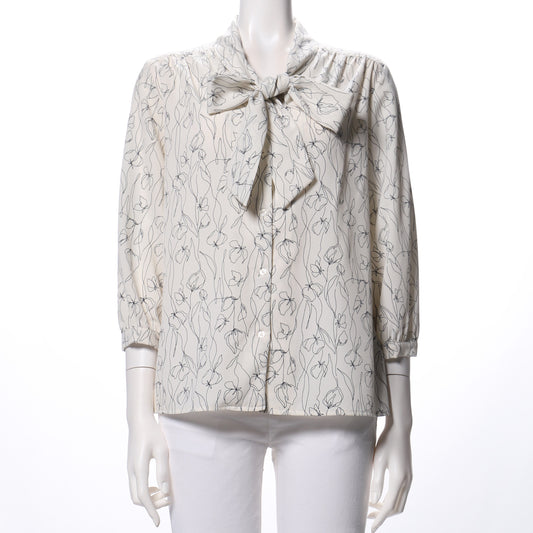 手描きアートフラワープリントボウタイブラウス