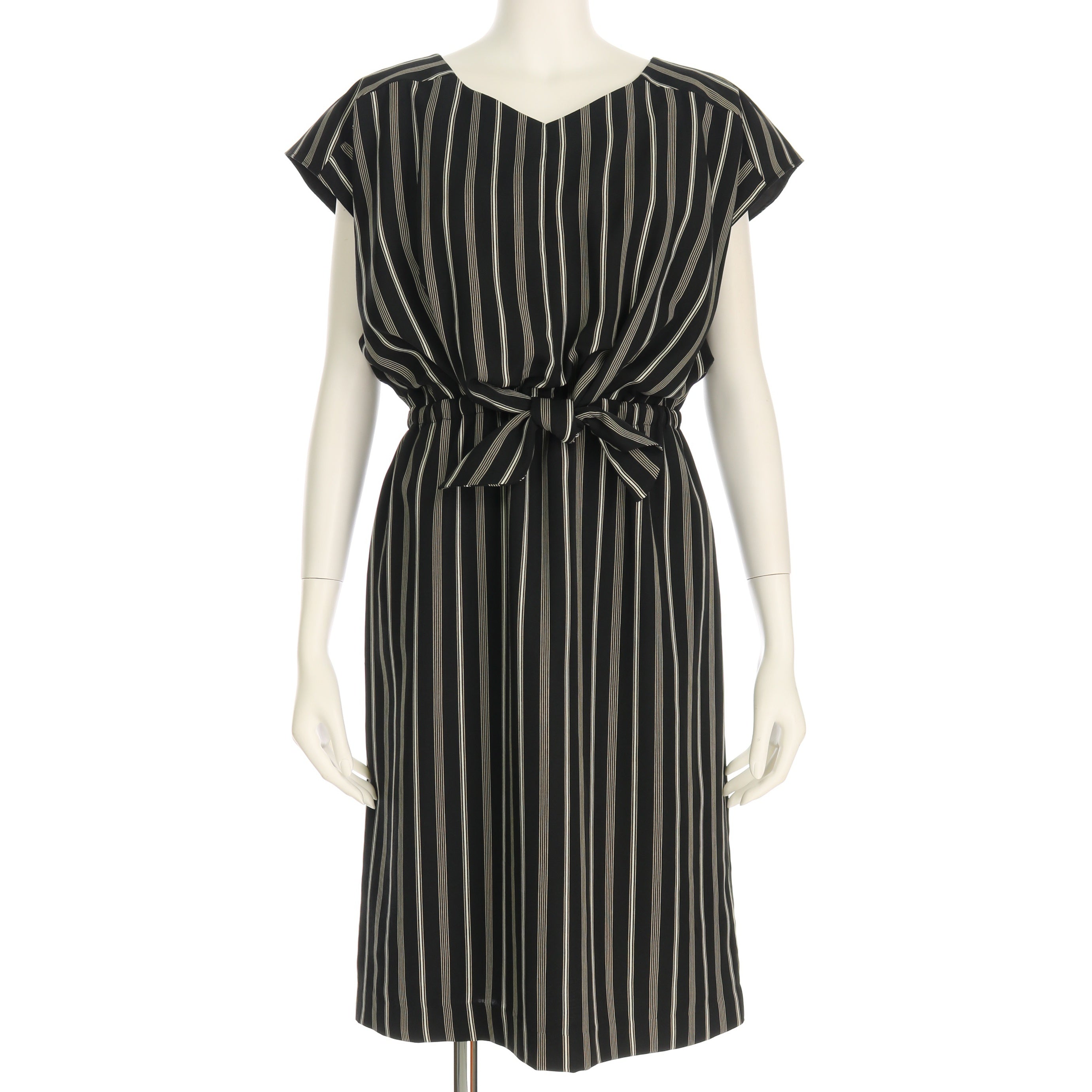 ボリツイルストライプウエストリボンデザインワンピース