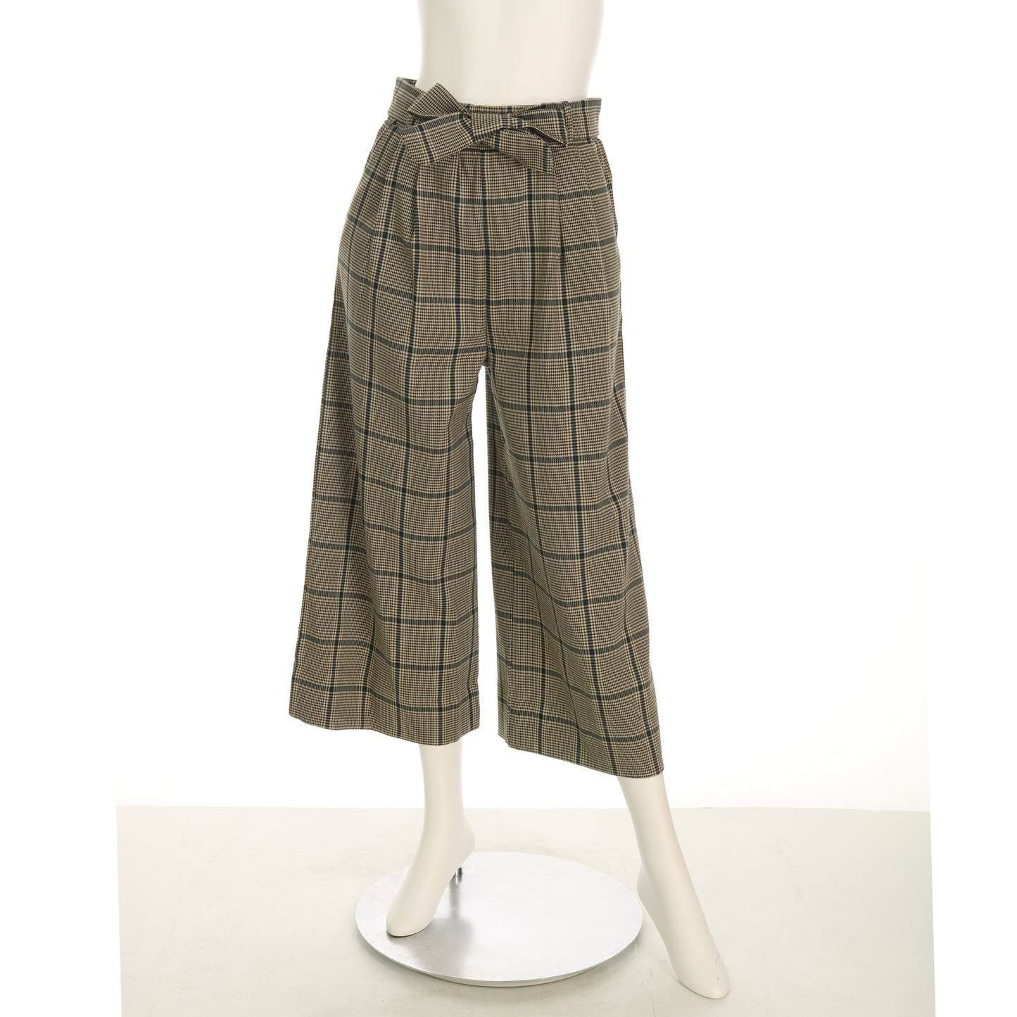 リボンベルト付きチェック柄ワイドパンツ