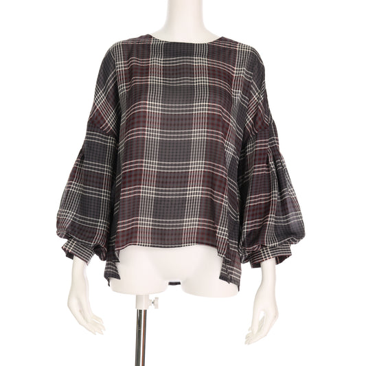 チェック柄バルーンスリーブブラウス