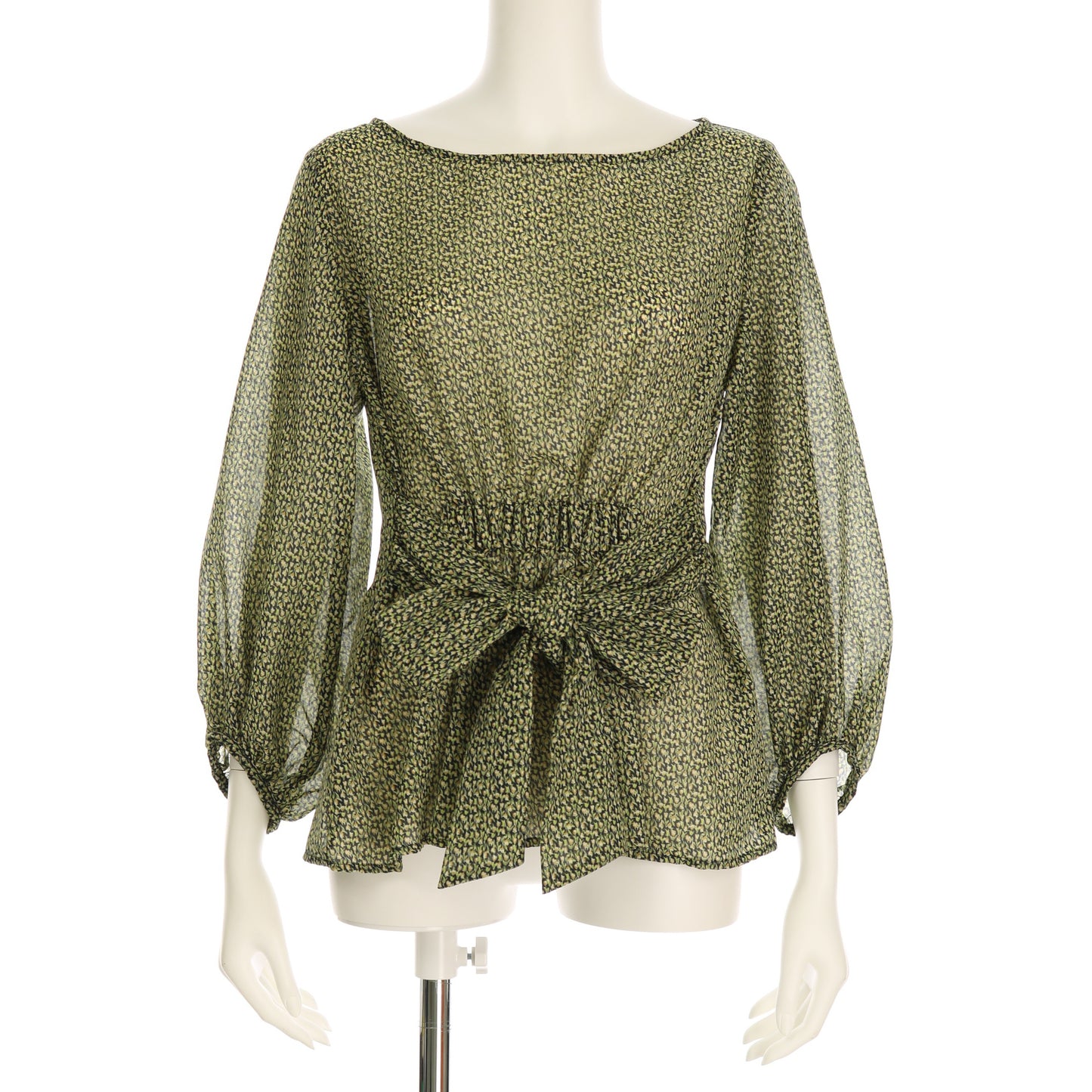 透け感ウエストリボン総柄ブラウス