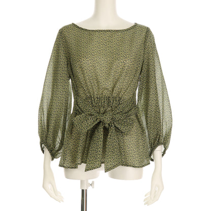 透け感ウエストリボン総柄ブラウス