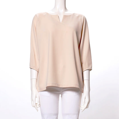 袖タックオープンフロントネックブラウス