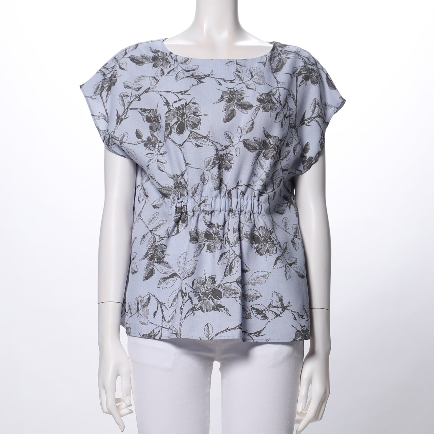 麻調モノクロフラワープリントブラウス