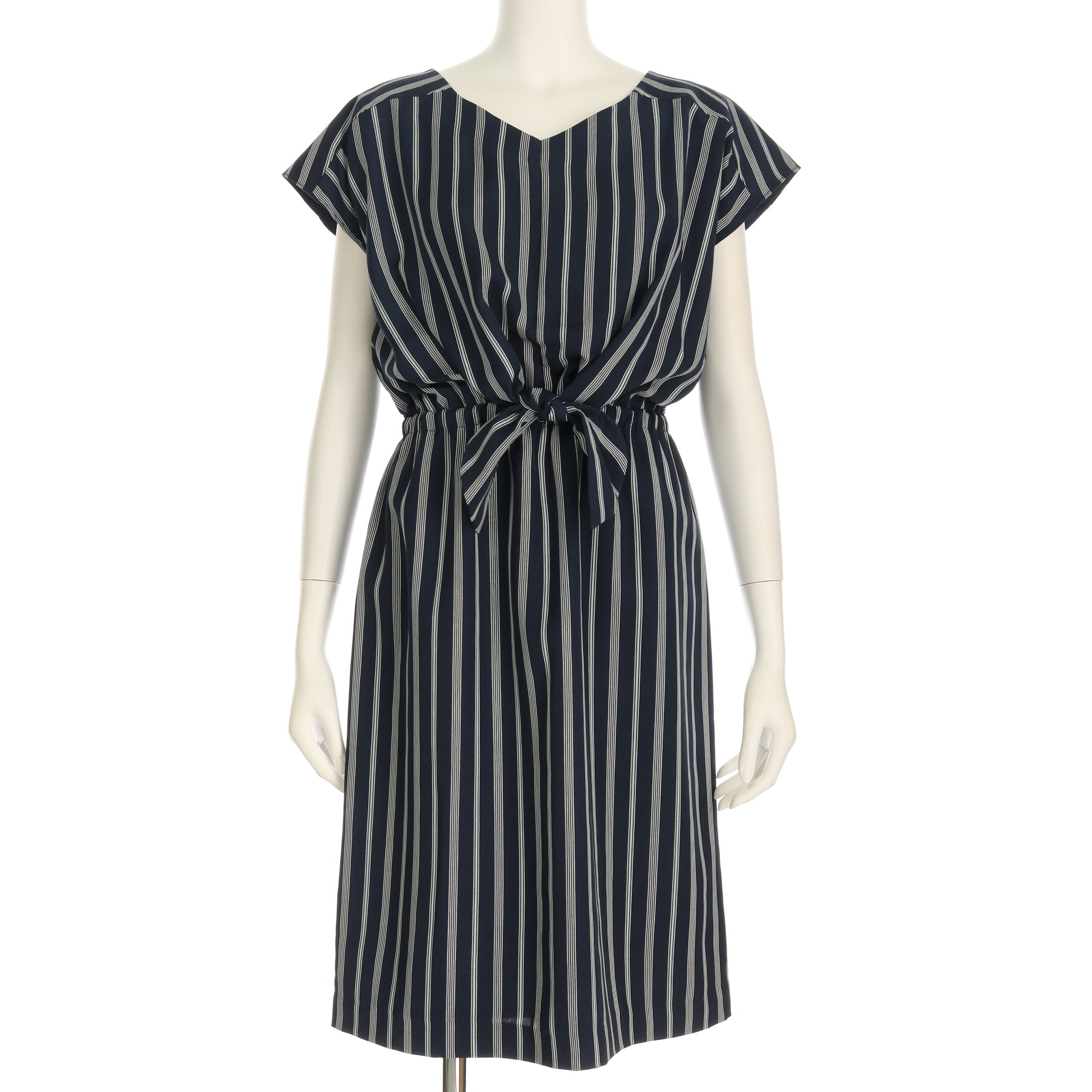 ボリツイルストライプウエストリボンデザインワンピース