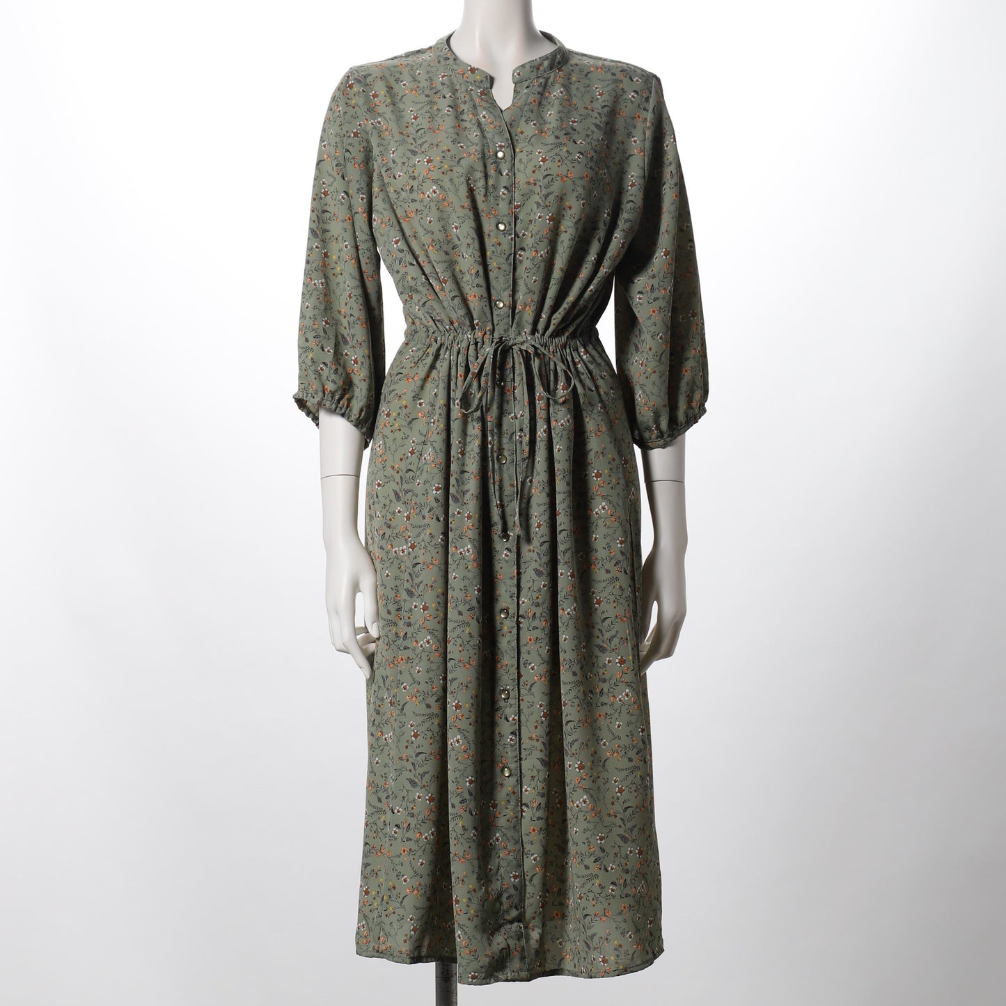 小花柄スタンドVネックワンピース