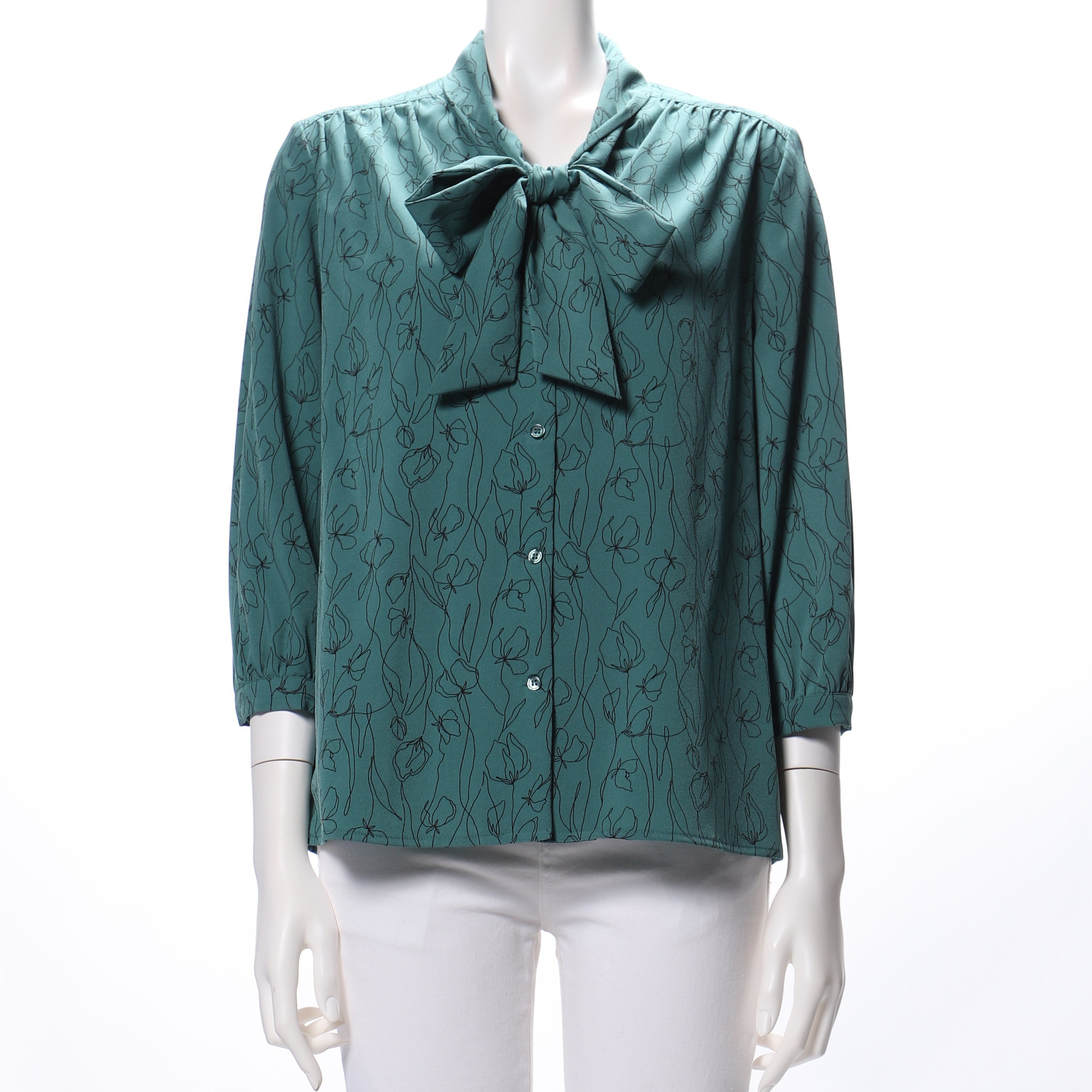 手描きアートフラワープリントボウタイブラウス