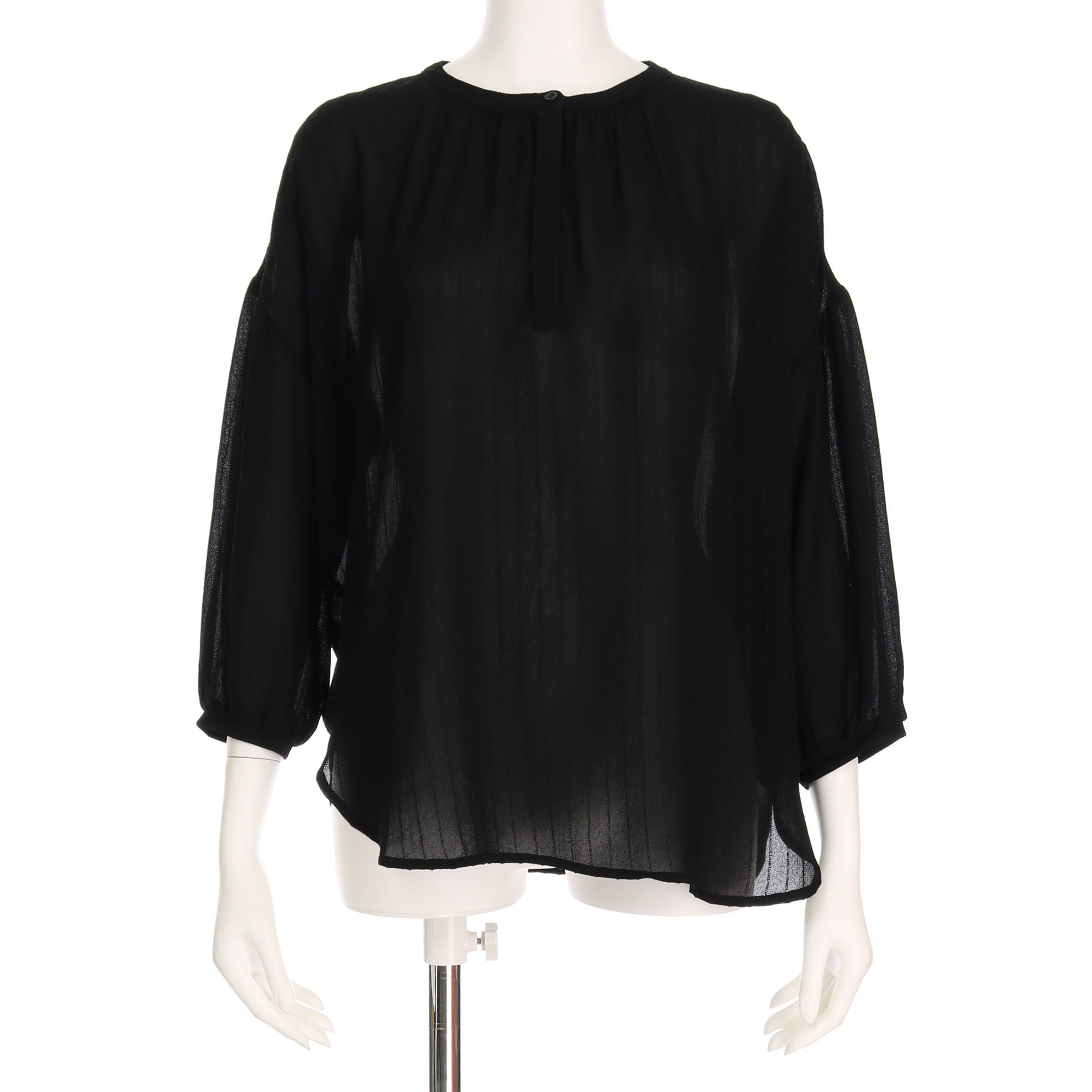 ストライプドロップショルダーヘンリーネックブラウス