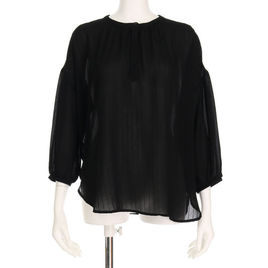 ストライプドロップショルダーヘンリーネックブラウス